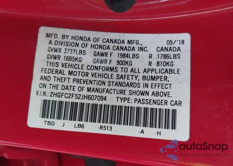 2018 Honda Civic Lx из США, поврежденный, VIN 2HGFC2F52JH607094